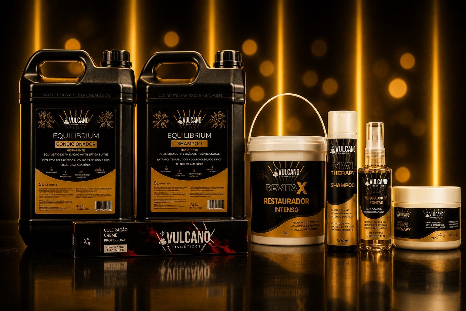 Linha completa Vulcano Cosméticos — Equilibrium, Revita X, Kiwi Therapy e Coloração Creme Profissional